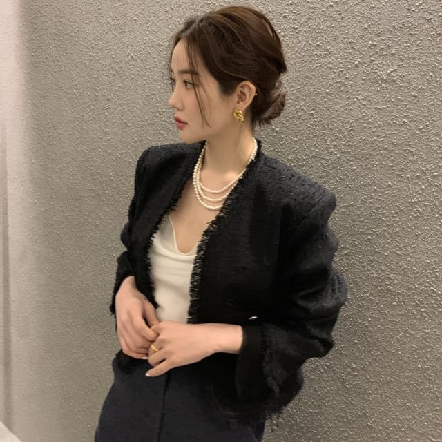 V-Neck Plain Fringe Tweed Jacket