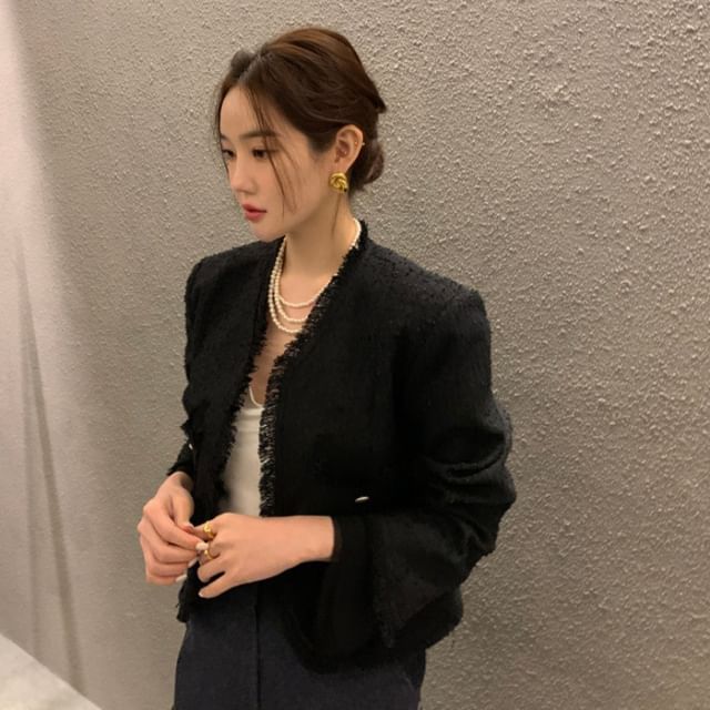 V-Neck Plain Fringe Tweed Jacket