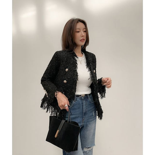 Buttoned Fringed Tweed Jacket