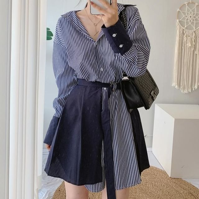 Striped Button-Up Tunic Shirt Dress & Pleated Hem Set Long Sleeve