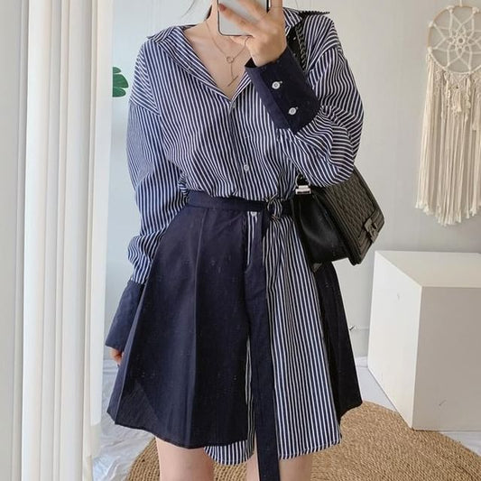 Striped Button-Up Tunic Shirt Dress & Pleated Hem Set Long Sleeve
