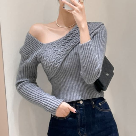 Off-Shoulder Asymmetrical Cable Knit Crop Top Long Sleeve