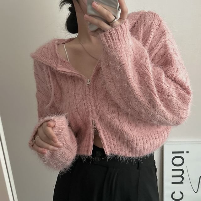 Cable Knit Zip-Front Cropped Hoodie in Solid Color
