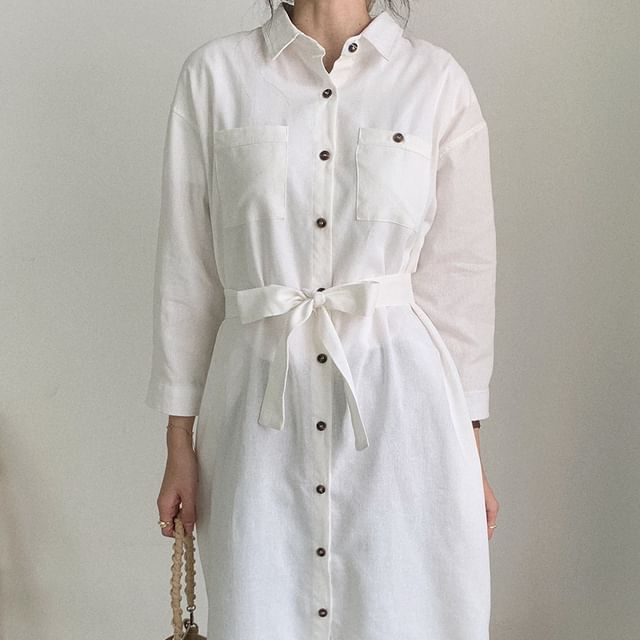 Button-Front Midi Tunic Shirt Dress & Belt Long Sleeve Set