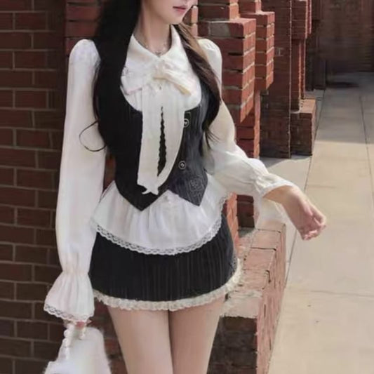 Long Sleeve Collared Plain Bow Ruffle Panel Lace Blouse / V-Neck Plaid Button Vest / High Waist Lace Trim Mini A-Line Skirt / Set