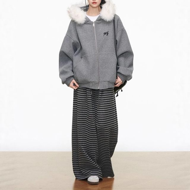 Embroidered Fluffy Trim Zip Hoodie / Drawstring Waist Striped Wide Leg Pants