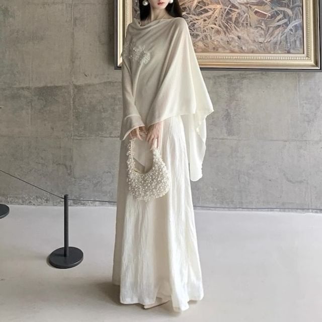 Tie Shoulder Plain Floral Applique Maxi A-Line Dress / Cape