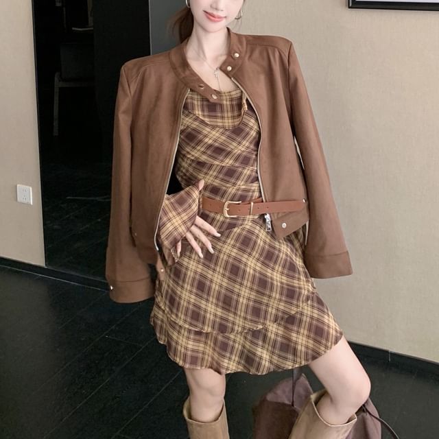 Long Sleeve Cold Shoulder Plaid Ruffle Mini A-Line Dress / Belt / Band Collar Plain Faux Suede Zip Jacket / Set