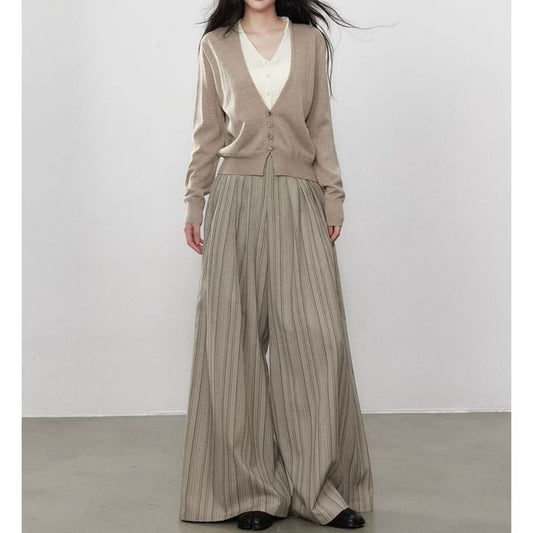 Long Sleeve V-Neck Mock Two Piece Button Knit Top / High Waist Striped Wide Leg Pants