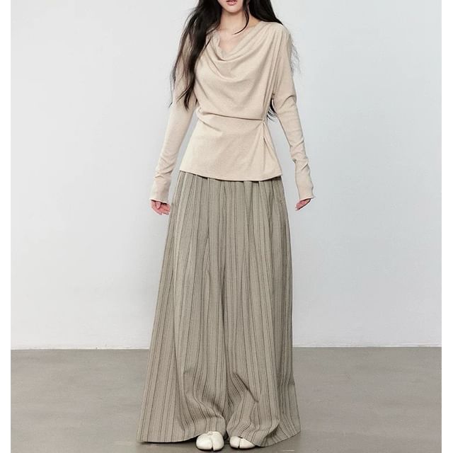 Long Sleeve Cowl Neck Plain Ruched Top / High Waist Striped Wide Leg Pants