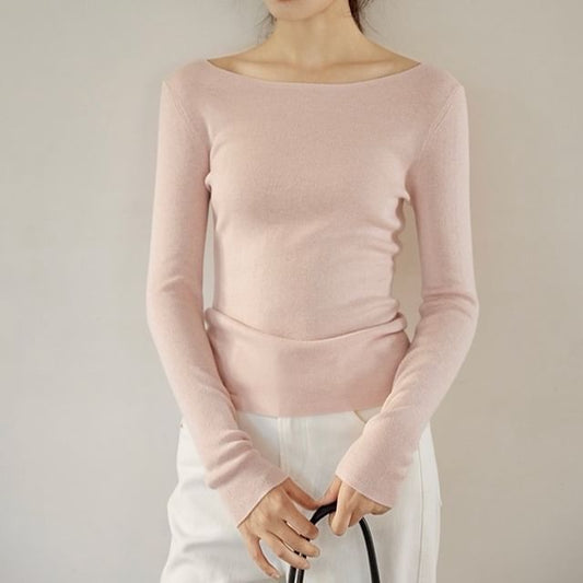 Long Sleeve Boat Neck Plain Knit Top