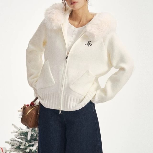 Lettering Embroidered Fluffy Trim Hood Zip Cardigan