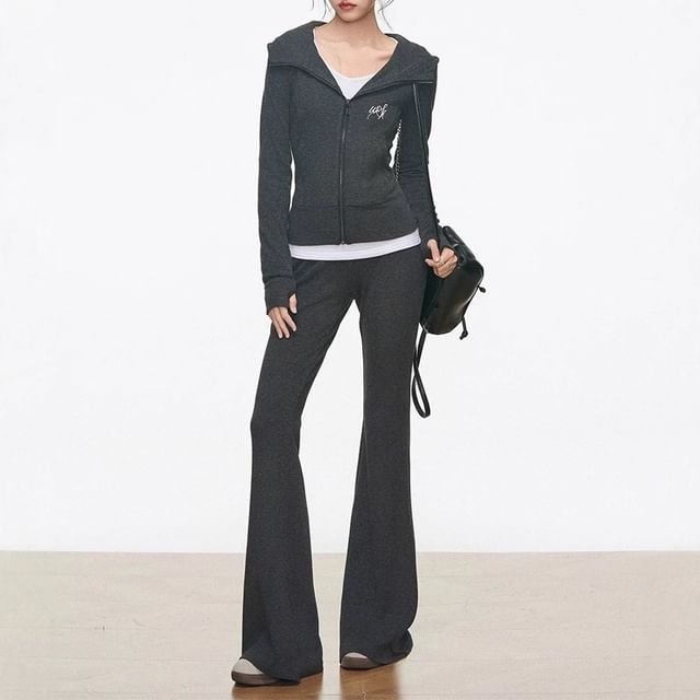 Lettering Embroidered Zip Hoodie / High Waist Plain Flared Pants / Long Sleeve V-Neck Embroidered Tee