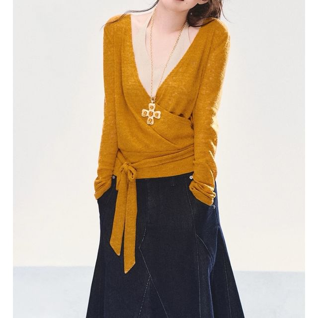 Long Sleeve V-Neck Plain Tie-Up Knit Wrap Top
