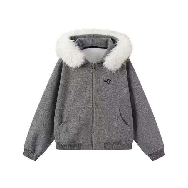 Embroidered Fluffy Trim Zip Hoodie / Drawstring Waist Striped Wide Leg Pants