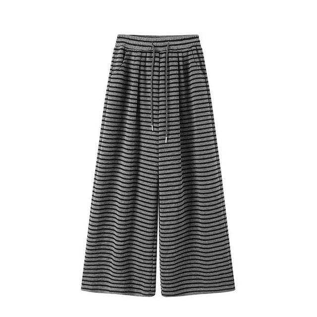 Embroidered Fluffy Trim Zip Hoodie / Drawstring Waist Striped Wide Leg Pants