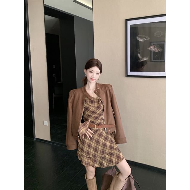 Long Sleeve Cold Shoulder Plaid Ruffle Mini A-Line Dress / Belt / Band Collar Plain Faux Suede Zip Jacket / Set