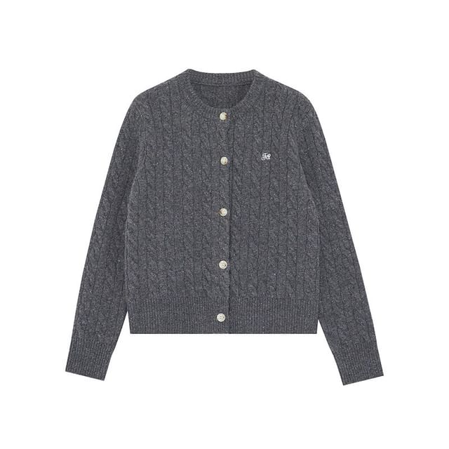 Round Neck Melange Embroidered Cable Knit Cardigan