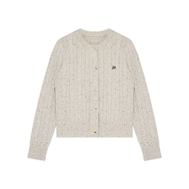 Round Neck Melange Embroidered Cable Knit Cardigan