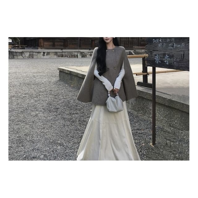 Detachable Faux Fur Collar Plain Double Breasted Cape