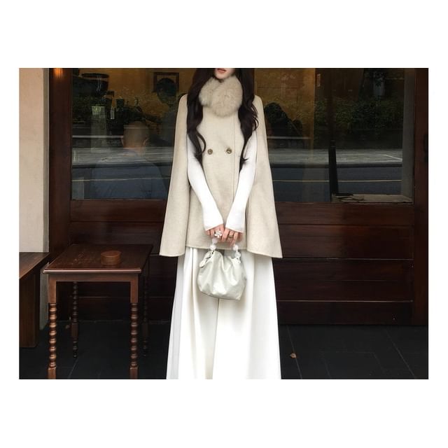 Detachable Faux Fur Collar Plain Double Breasted Cape