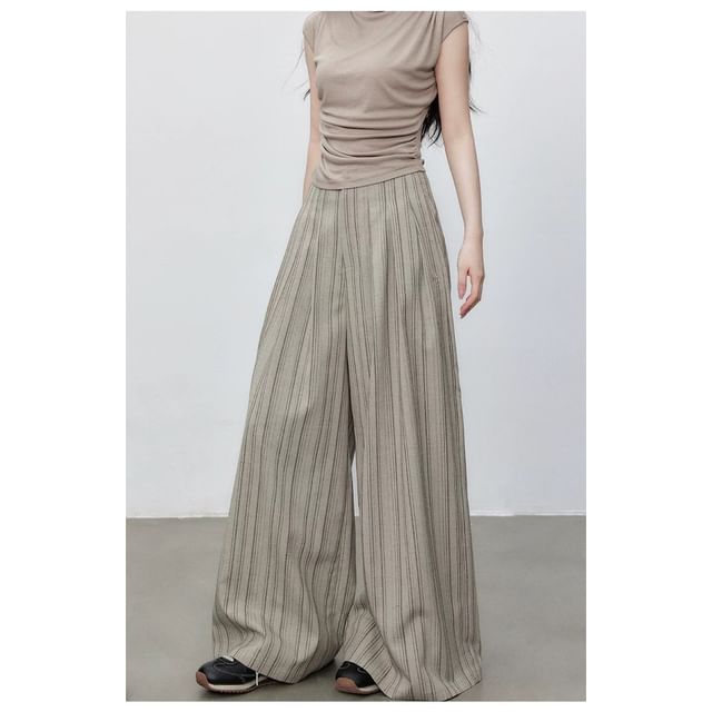 Long Sleeve Cowl Neck Plain Ruched Top / High Waist Striped Wide Leg Pants