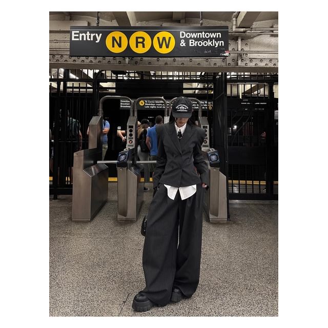 Peak Lapel Pinstriped Double Breasted Blazer / High Waist Wide Leg Dress Pants / Long Sleeve Collared Plain Shirt