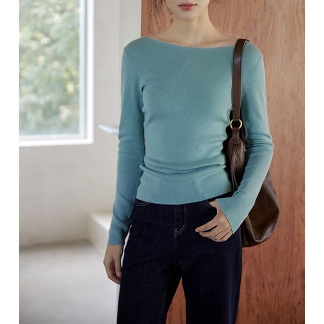 Long Sleeve Boat Neck Plain Knit Top