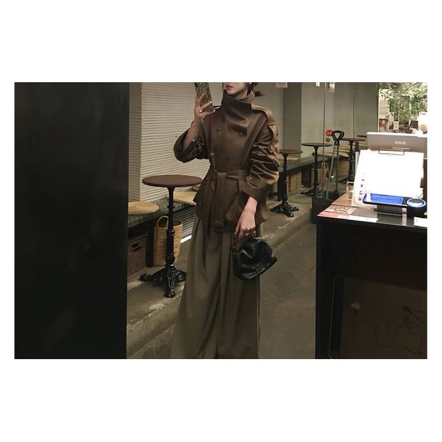 Stand Collar Plain Double Breasted Trench Jacket