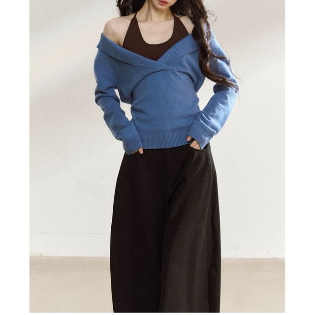 Shawl Collar Plain Sweater / Halter Plain Top
