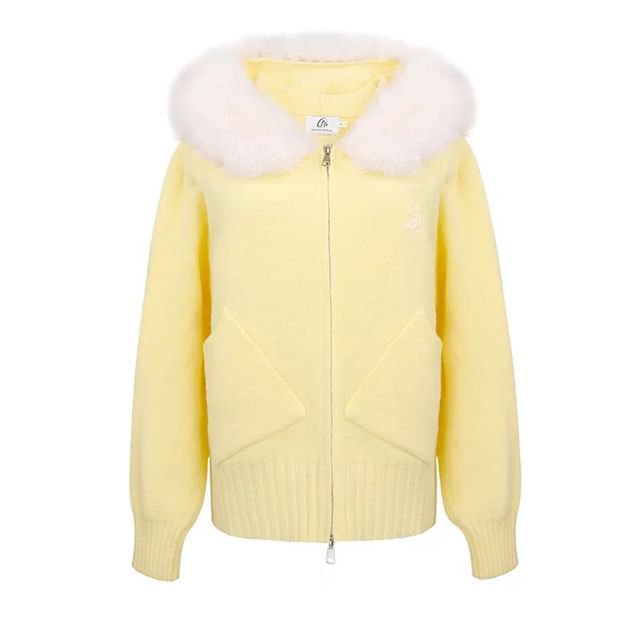 Lettering Embroidered Fluffy Trim Hood Zip Cardigan