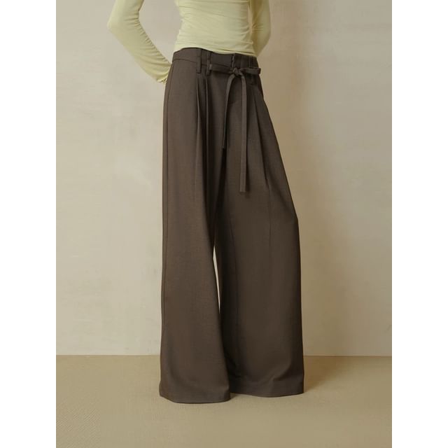 Long Sleeve Scarf Neck Plain Glitter Blouse / High Rise Plain Pleated Wide Leg Pants