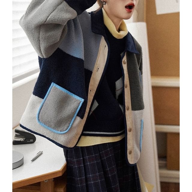 Collared Color Block Corduroy Panel Fleece Button Jacket