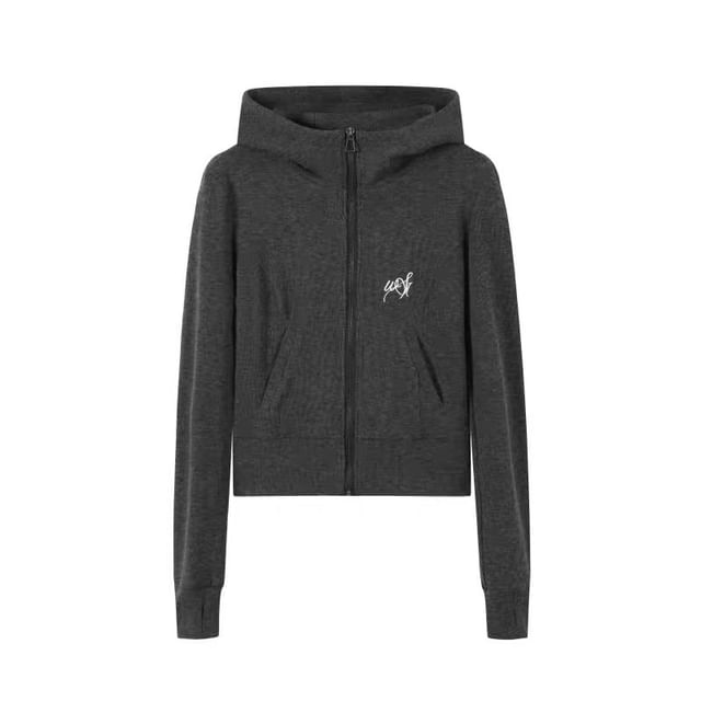 Lettering Embroidered Zip Hoodie / High Waist Plain Flared Pants / Long Sleeve V-Neck Embroidered Tee