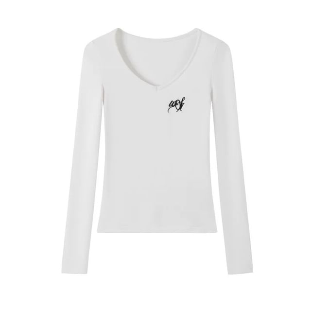 Lettering Embroidered Zip Hoodie / High Waist Plain Flared Pants / Long Sleeve V-Neck Embroidered Tee