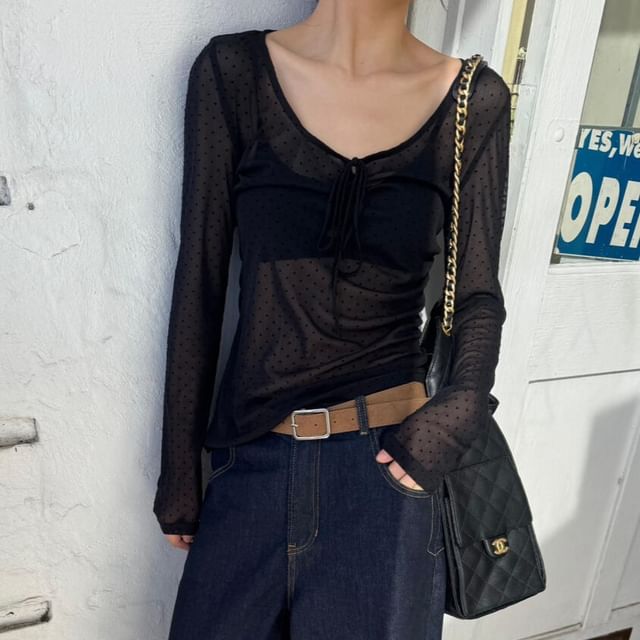 Dotted Mesh U-Neck Crop Top with Long Sleeves