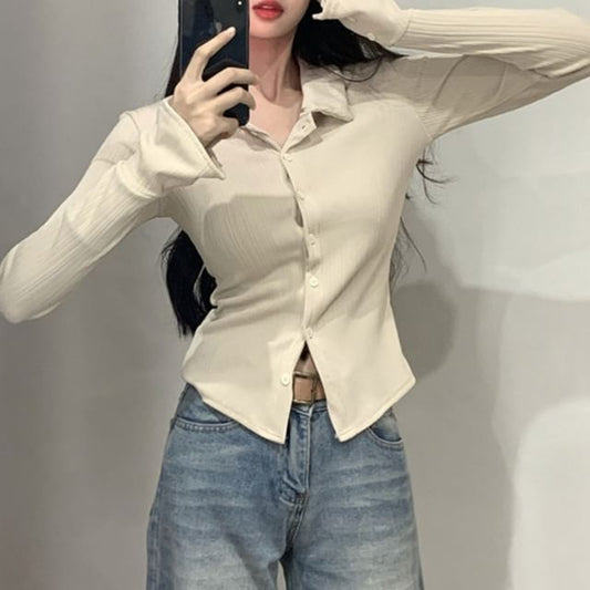 Collared Long Sleeve Button-Up Solid Slim Fit Top