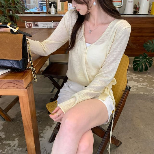 V-Neck Long-Sleeve Plain Tie-Front Knit Top