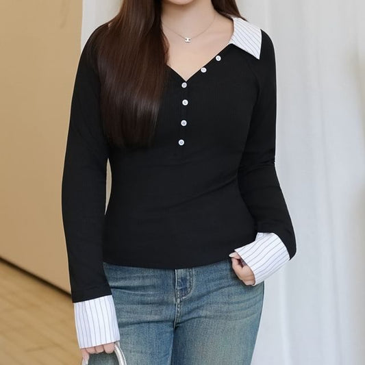 Two-Tone Long Sleeve Polo Shirt