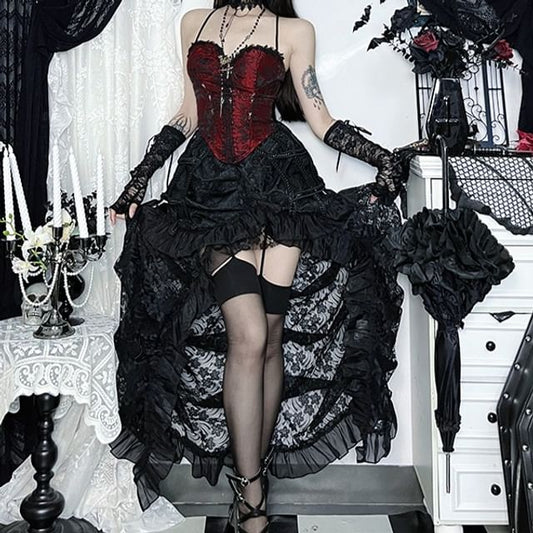 Lace Crop Corset Top & High Rise Lace Maxi Tiered Skirt