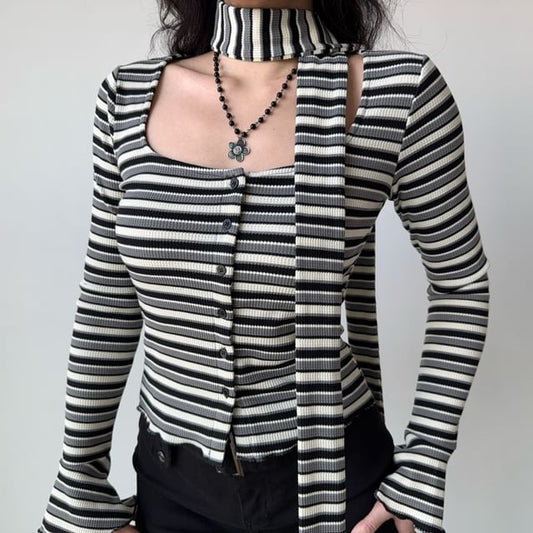 Striped Ribbed Button-Front Top with Skinny Scarf Set, Square Neck, Long Sleeves, Slim Fit