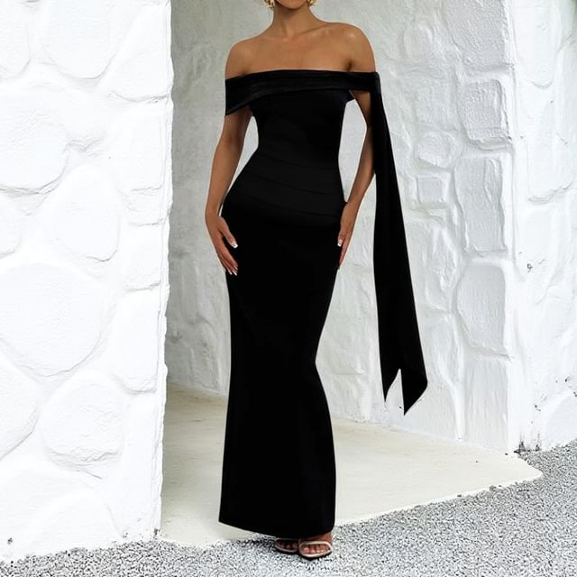 Sleeveless Off-Shoulder Plain Slit Maxi Sheath Dress