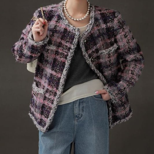 Plaid Tweed Button-Up Jacket