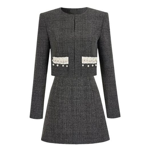 Open Front Tweed Jacket / Sleeveless A-Line Dress / Set