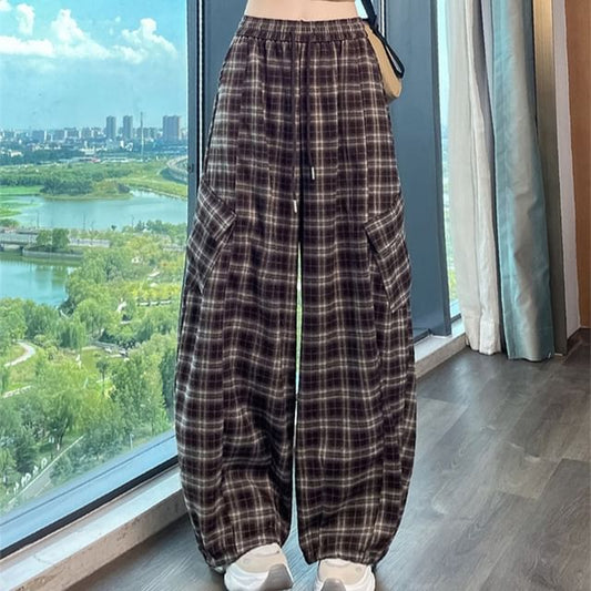 High Waist Plaid Baggy Cargo Pants