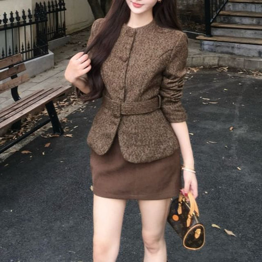 Button-Up Tweed Jacket / Mini Skirt / Belt / Set