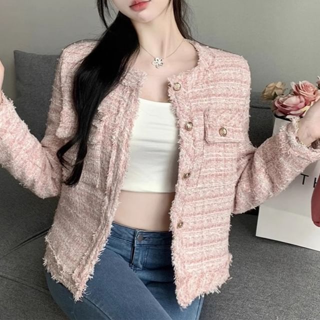 Crew Neck Button-Up Tweed Jacket