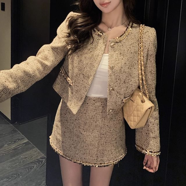 Crew Neck Sequin Trim Button-Up Tweed Crop Jacket / High Rise Mini A-Line Skirt