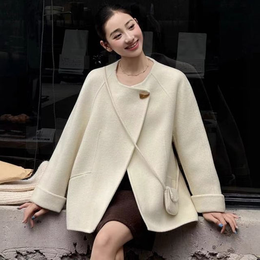 Round Neck Plain Single-Button Wool Jacket