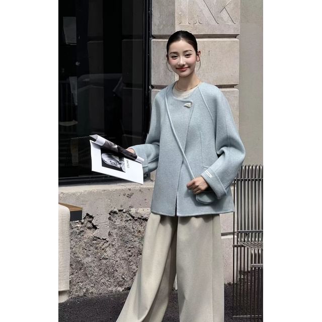 Round Neck Plain Single-Button Wool Jacket